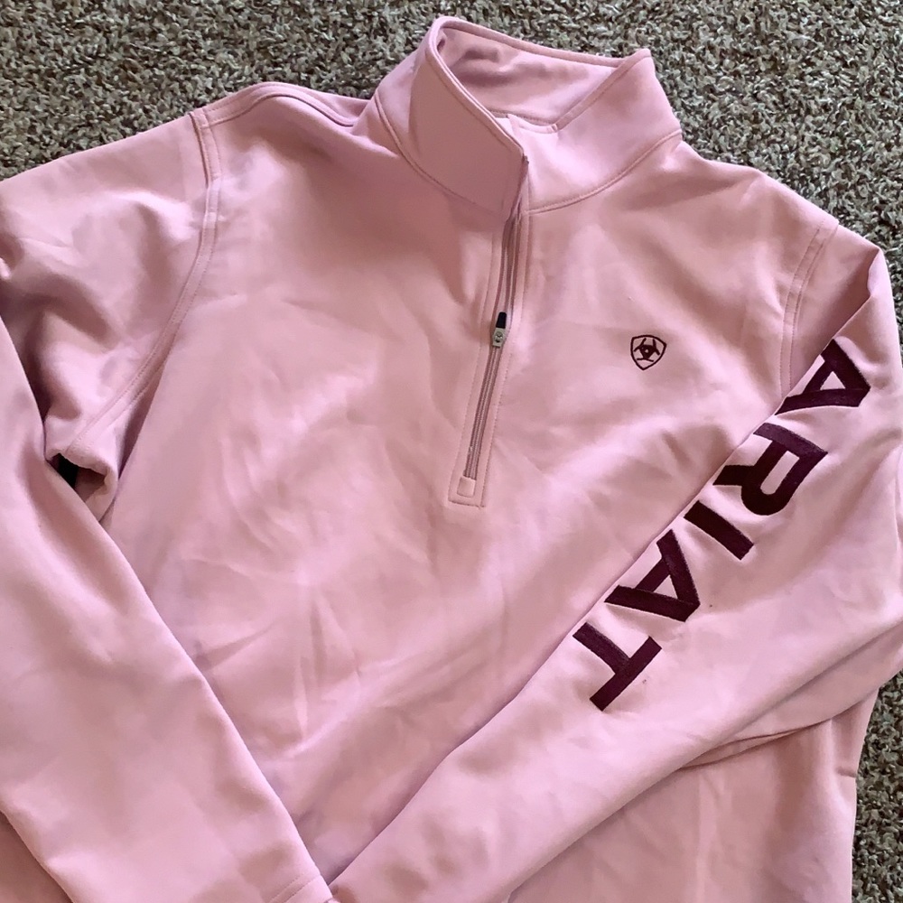 Ariat Light Pink Quarter-Zip Pullover with Burgundy Logo Sleeve